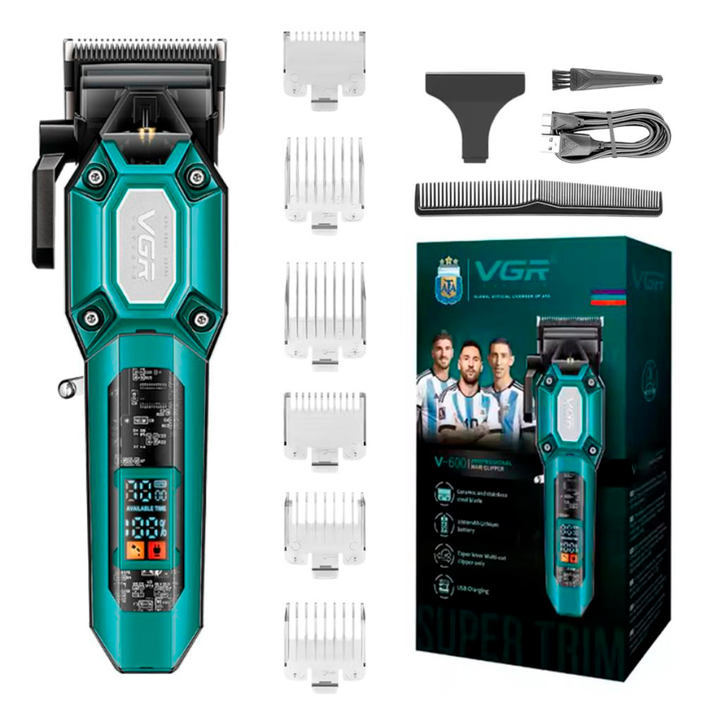 Машинка для стрижки акумуляторна (clipper) VGR V-600 GREEN, 6 насадок, регулятор висоти, LED display F00074706 фото