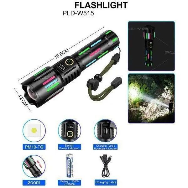 Ліхтар NIGHT VISION FLUORESCENCE W515-PM10-TG, Power Bank,, індикація заряду, 1x26650, ЗП Type-C, zoom, Box F00073824 фото