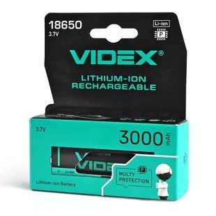 Акумуляторний улятор Videx Li-Ion 18650-P (ЗАХИСТ) 3000mAh color box/1pc F00068122 фото